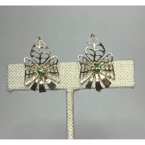 Vintage Filigree Screw Back Earrings With Green Rhinestones